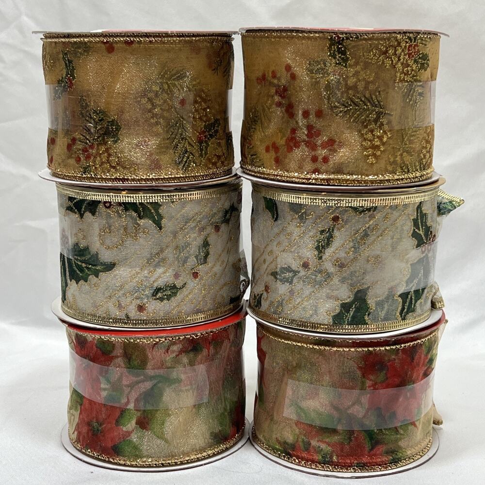 Vintage 2005 Jo-Ann Lot of 6 Wired Christmas Ribbon Holly Poinsettias Gold Sheer